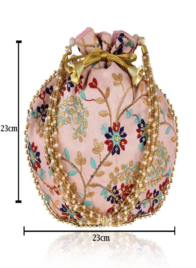 STLYZ Traditional Embroidered Potli Bag For Women, Handmade Pure Silk Potli Handbag Wristlets Ethnic Bridal Potli Batwa Bag For Ladies Wedding Return Gifts (Baby Pink) - Image 5